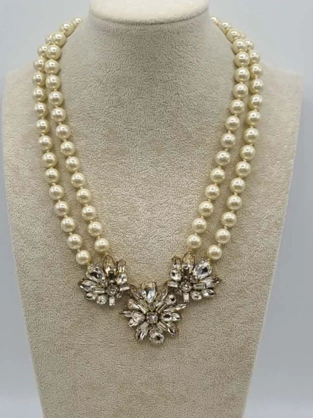 J Crew Double Strand Pearl with statement crystal cluster center piece